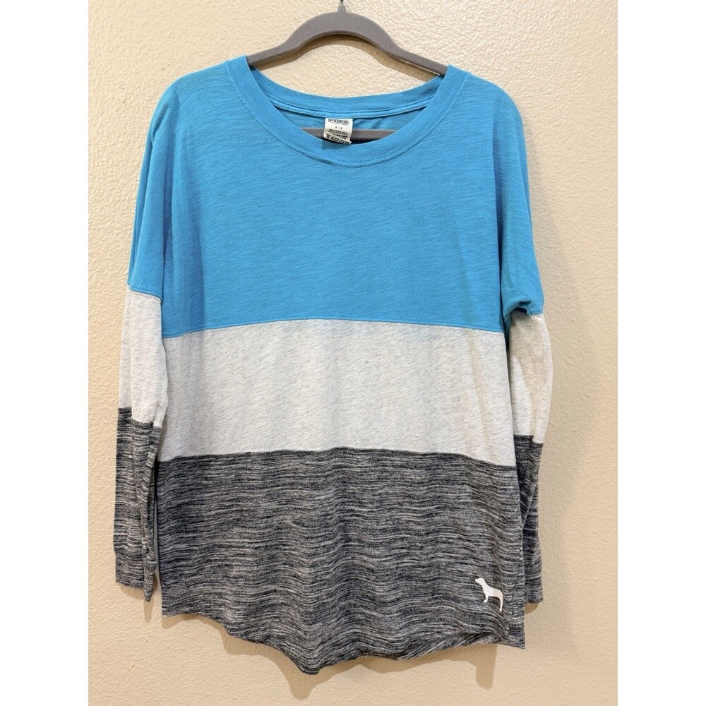 VS PINK Colorblock Long Sleeve Shirt Blue Gray Marled Tee Size S P